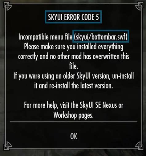 Same applies for any ERROR CODE 5 in SkyUI. . Skyui error code 5